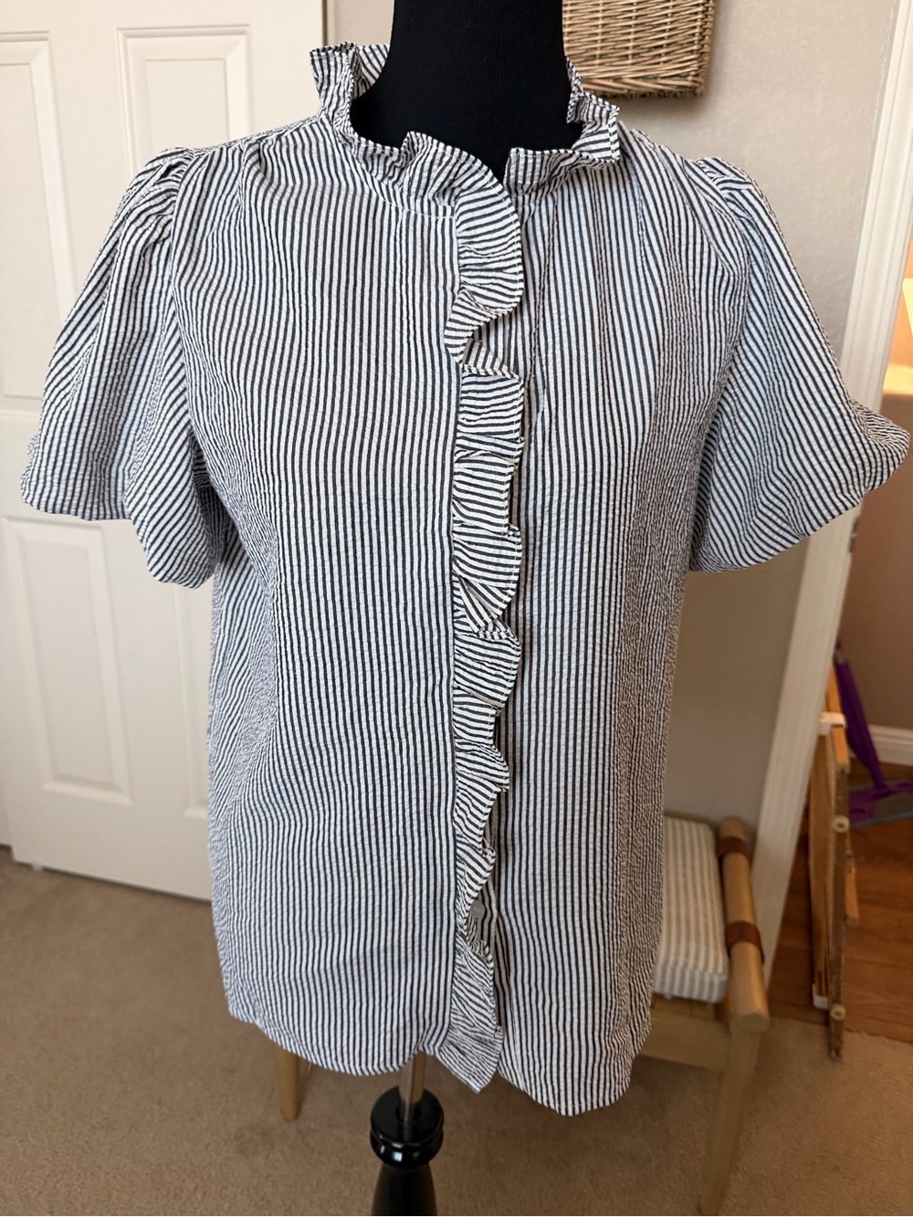 Black and White Striped Ruffle Front Blouse